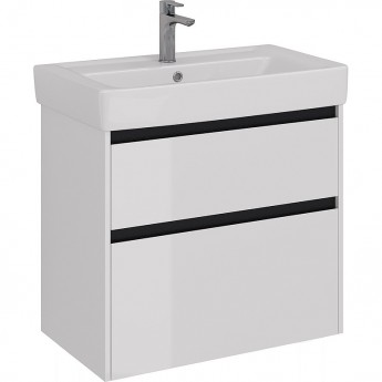 Тумба LEMARK COMBI 80 см под раковину, подвесная/напольная, 2 ящика, планки-чёрный; корпус/фасад белый глянец
